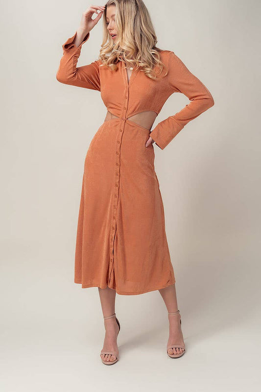Button Cut Out Midi Dress - Dusty Coral