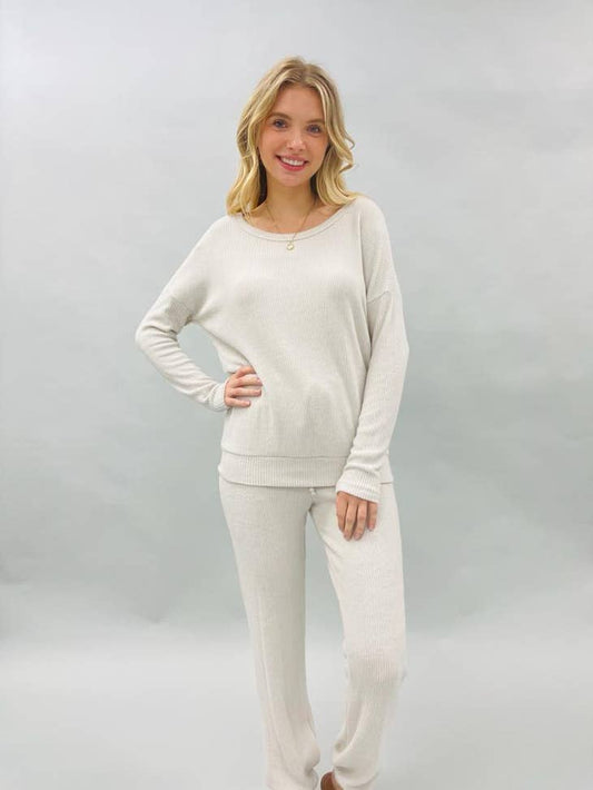 Round Neck Brushed Sweater Knit Top- Bone