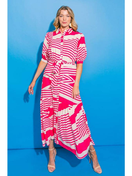 Printed Woven Midi Dress - Pink Ivory