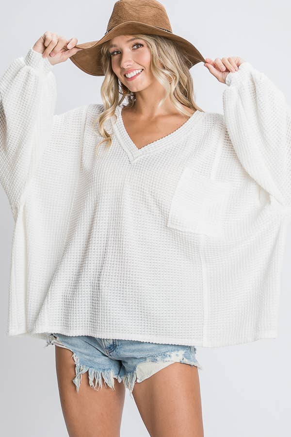 Popcorn Knit V Top - White