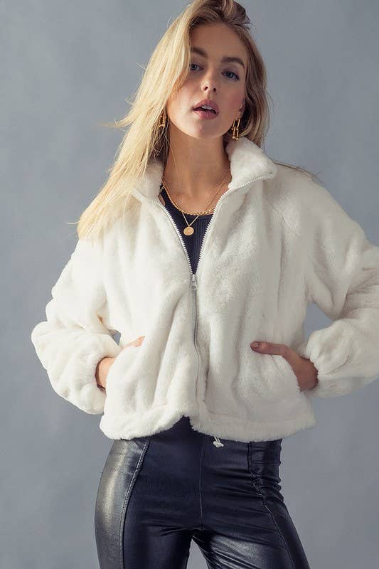 Faux Fur Zip Crop Jacket - Ivory