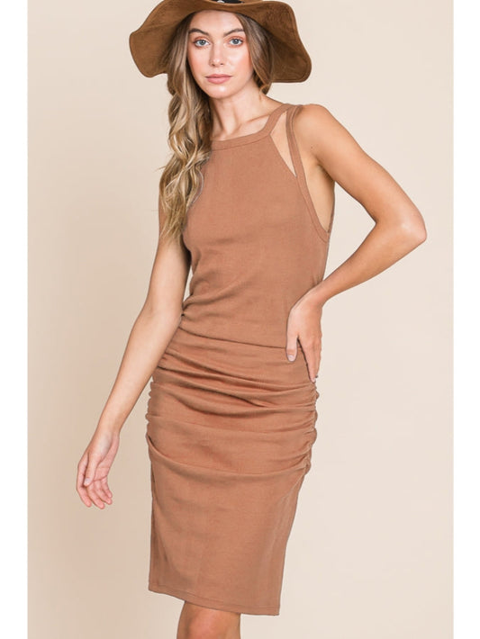 Cut-out Shoulder Dress - Camel