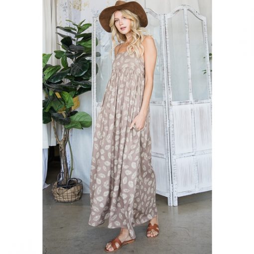 Tie-Back Leaf Print Maxi - Mocha