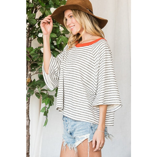 Wide Sleeve Striped Knit Top - Red / Olive