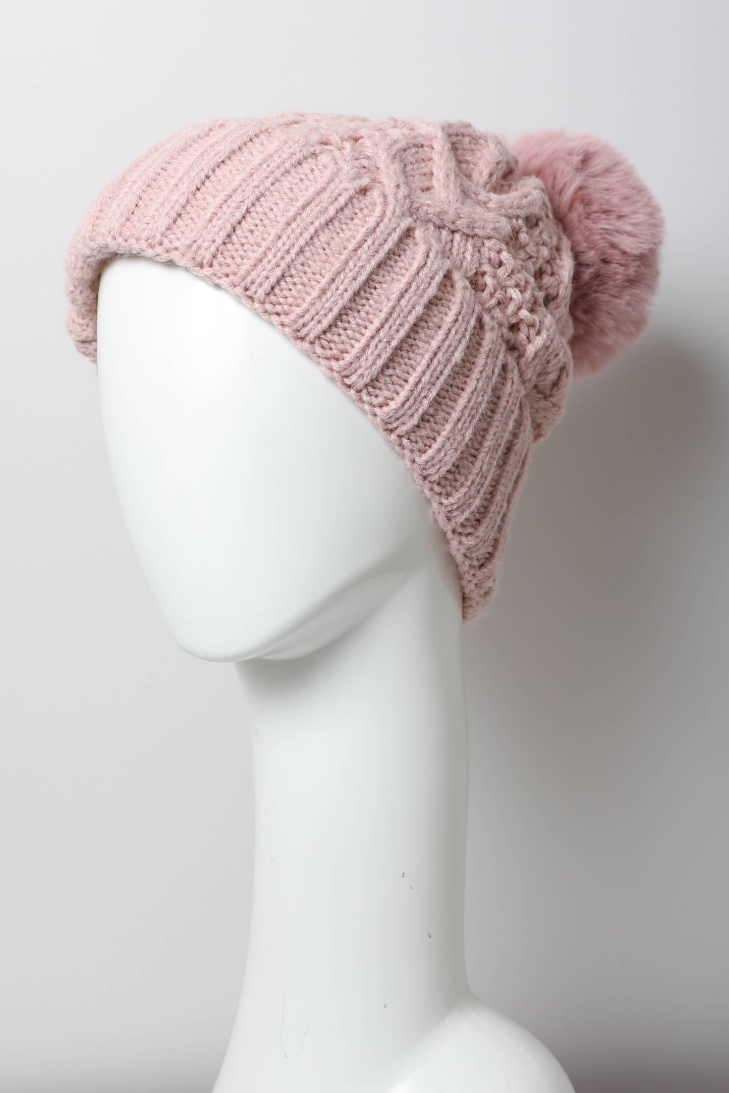 Cable Knit Faux Fur Pom Beanie - Pink