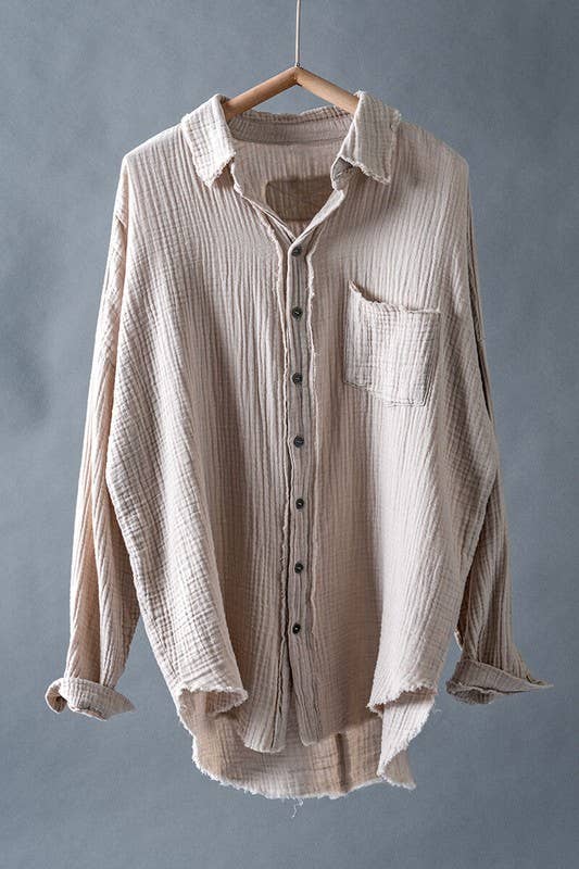 Frayed Hem Gauze Shirt - Sand Beige