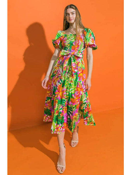 Printed Poplin Midi Dress - Green Fuschia