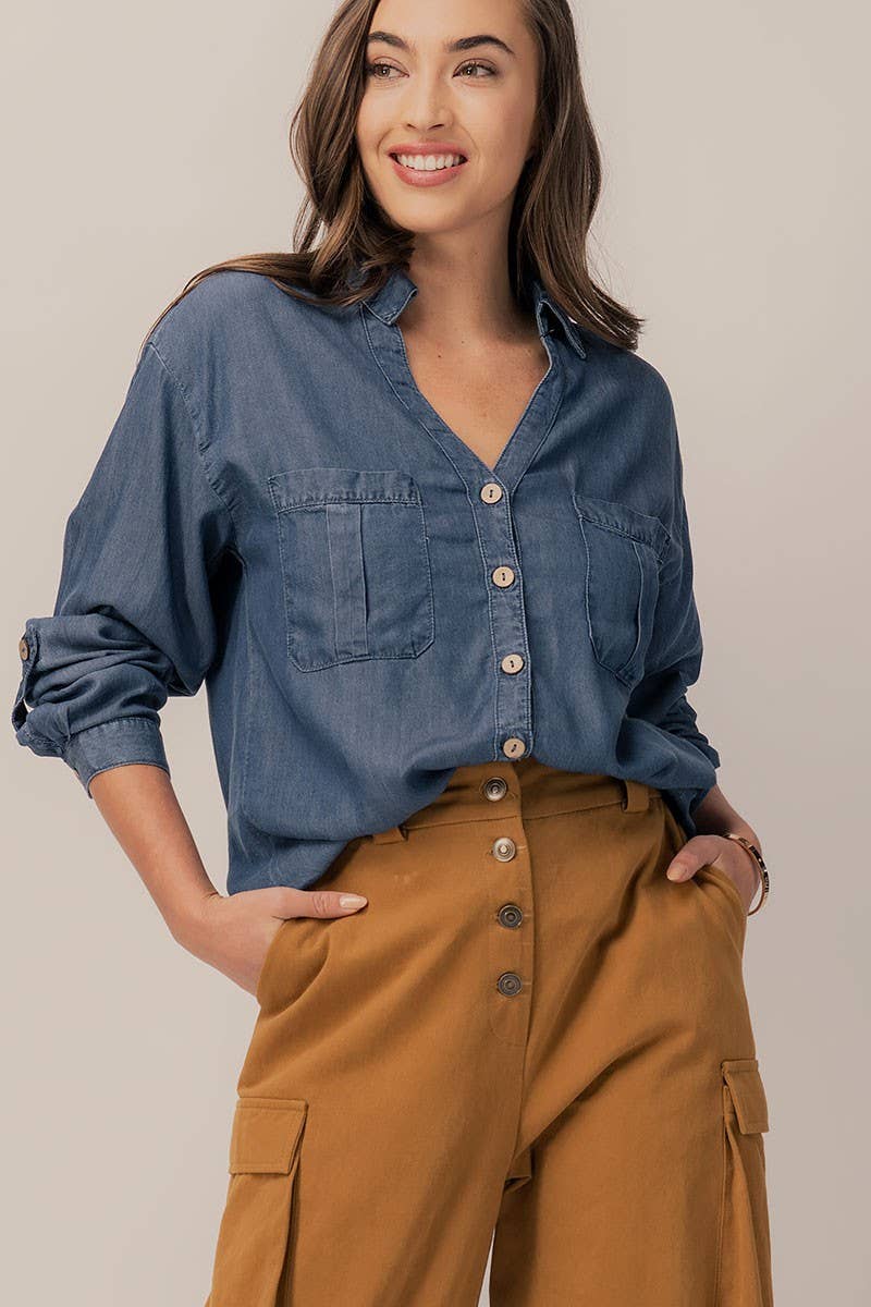 Tencel Button Down Shirt - Dark Denim - Final Sale