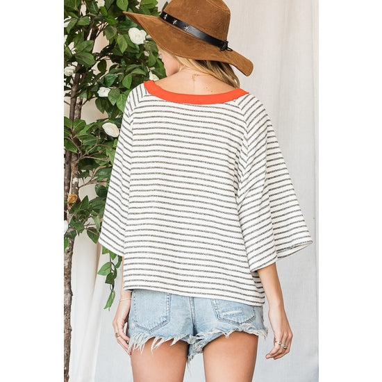 Wide Sleeve Striped Knit Top - Red / Olive