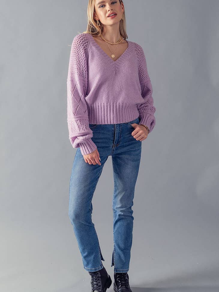 Pattern Sleeve Detail Sweater - Purple