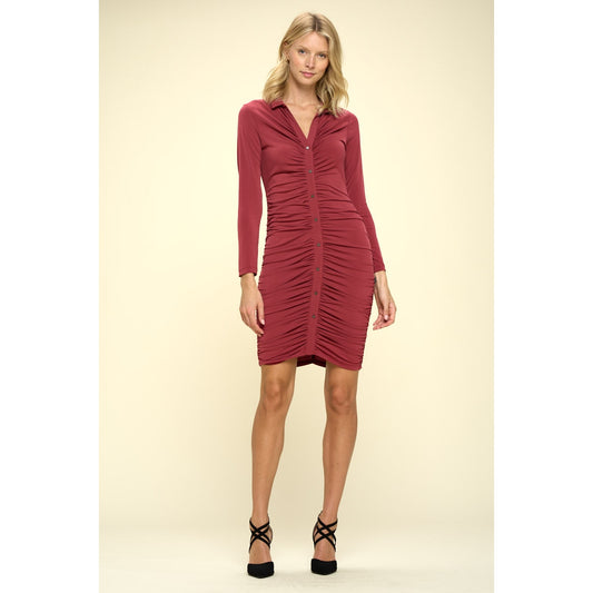 Ruched Knit Dress with Collar - Burgundy