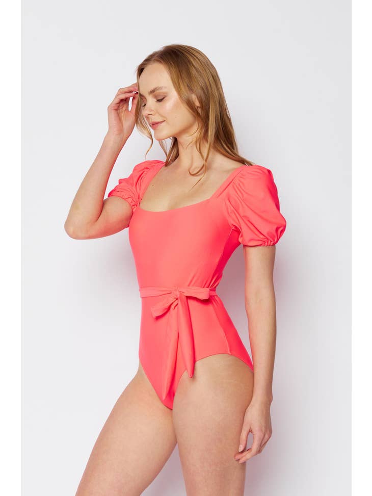 Puff Sleeve One Piece Swimsuit - Coral