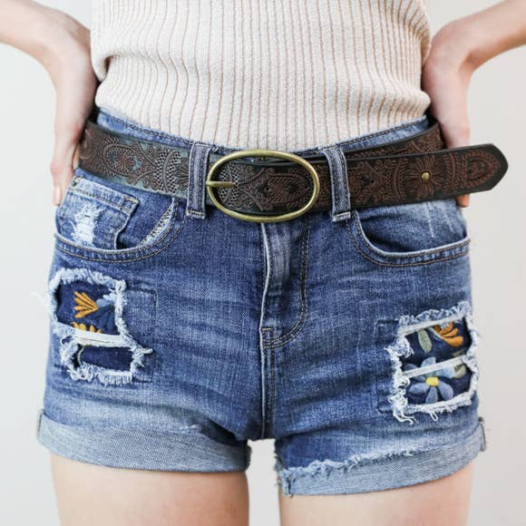 Floral Stitch Oval Buckle Belt - Black