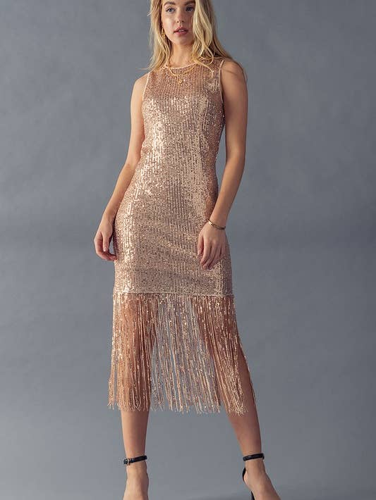 Sequin Fringe Sleeveless Bodycon Dress - Champagne