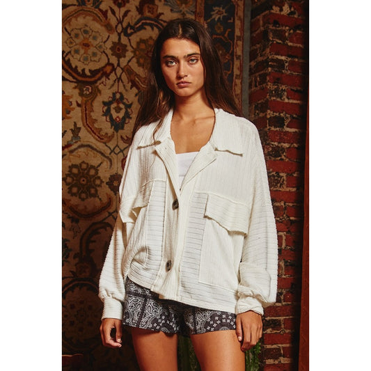 Rib Knit Shirt Jacket - White