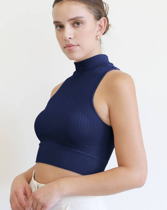 Mock Neck Crop Top - Indigo